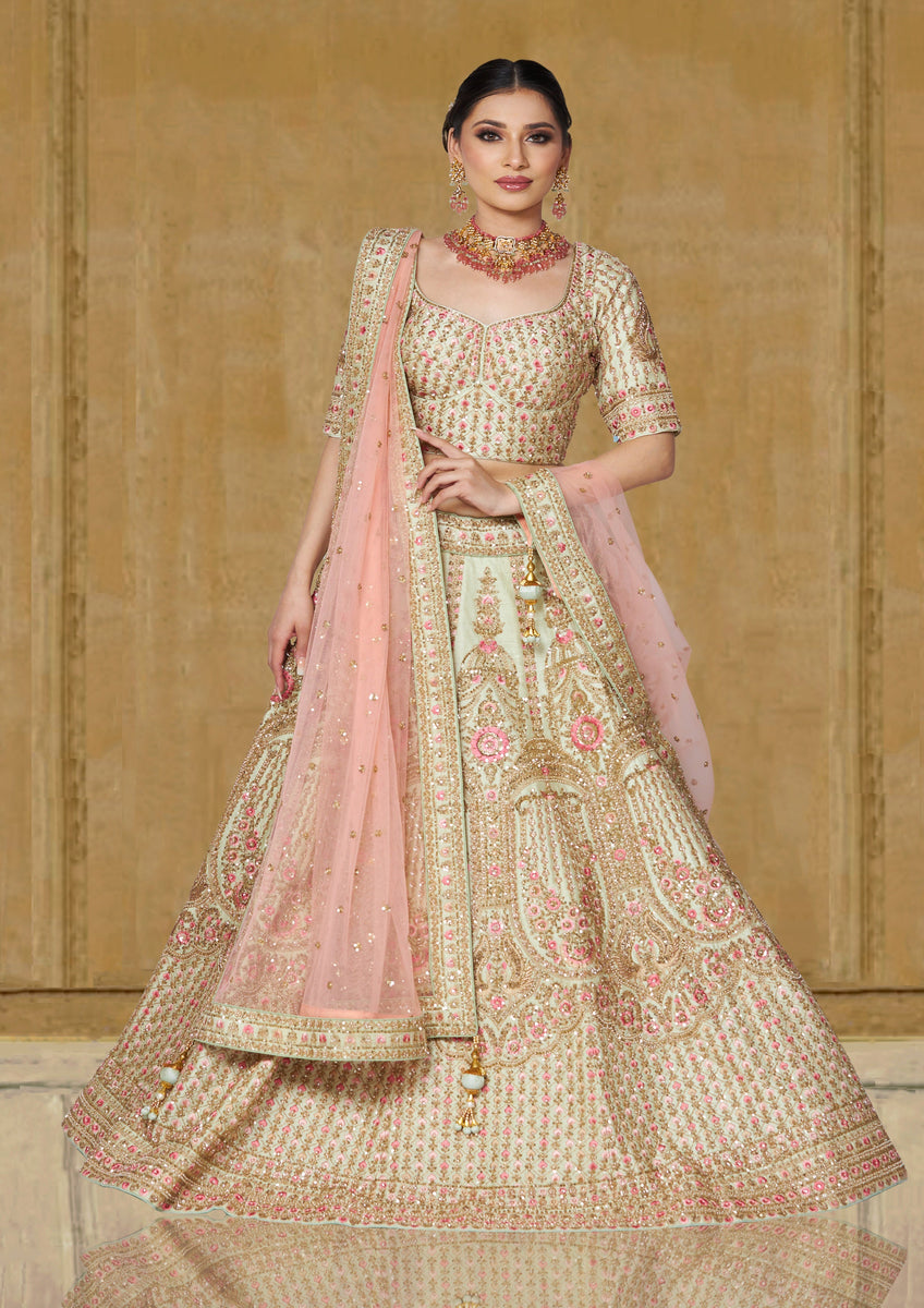 Traditional Indian Bridal Mint Green & Peach Pastel Silk Wedding Outfit  [product_title] | OORVI DESAI