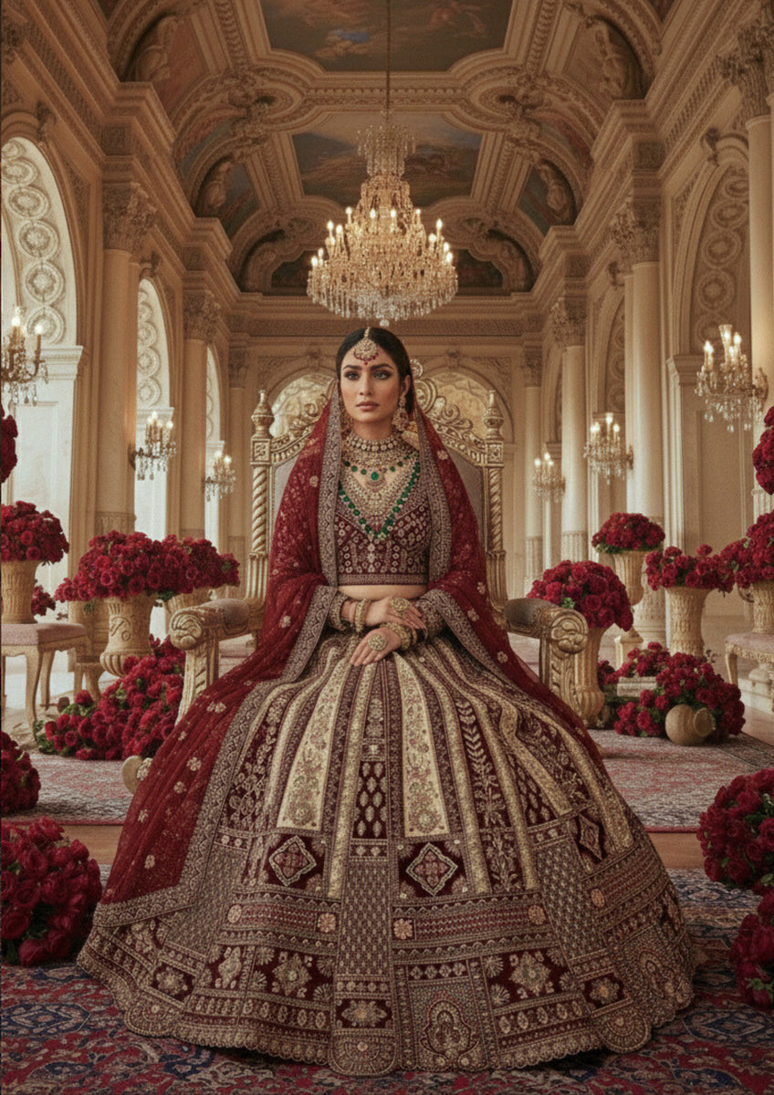 Bridal Deep Maroon & Champagne Gold Wedding Lehenga Set - 2 Dupattas  [product_title] | OORVI DESAI