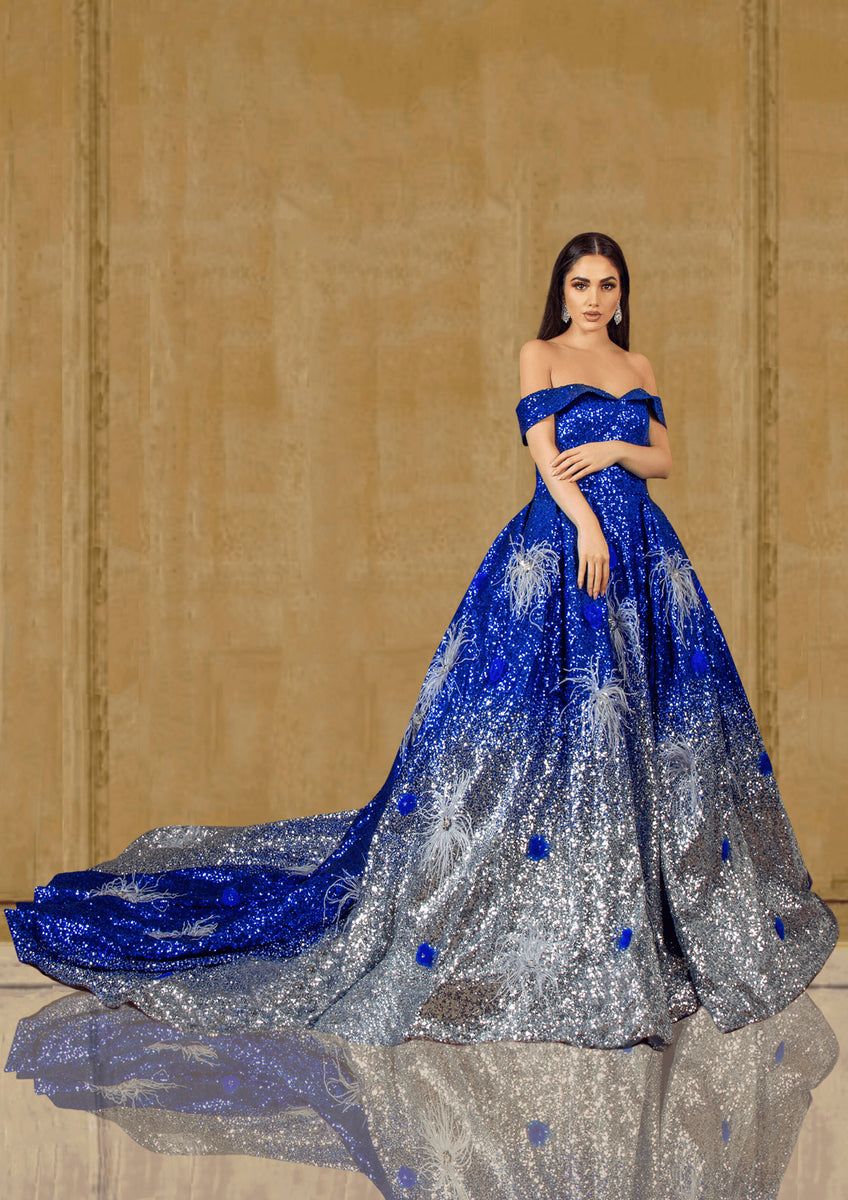 Royal Blue and Silver Shimmer Designer Show stopper Gown