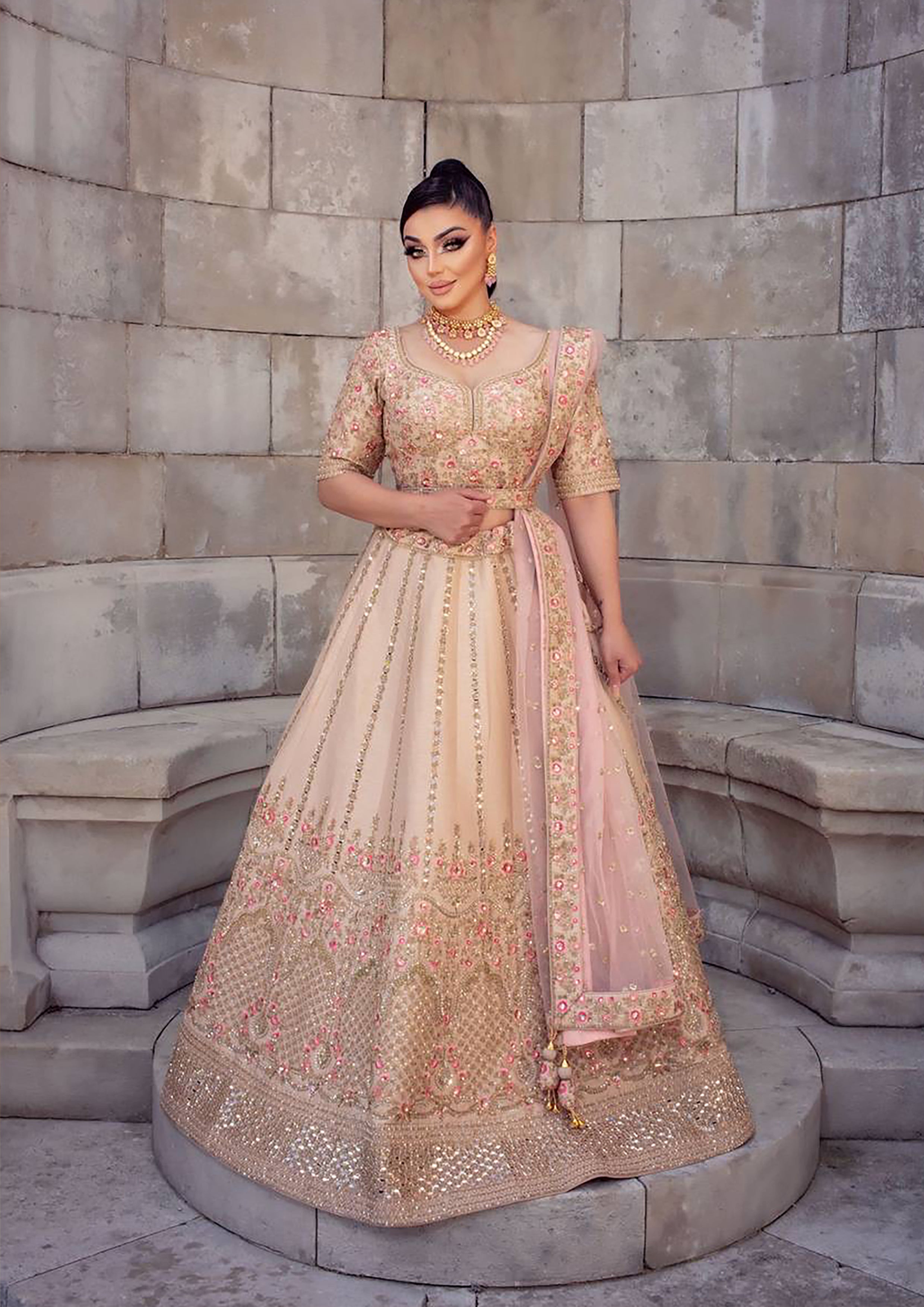 Traditional Bridal Champagne Gold Wedding Lehenga product title OORVI DESAI Designer Indian Wedding Dresses in London