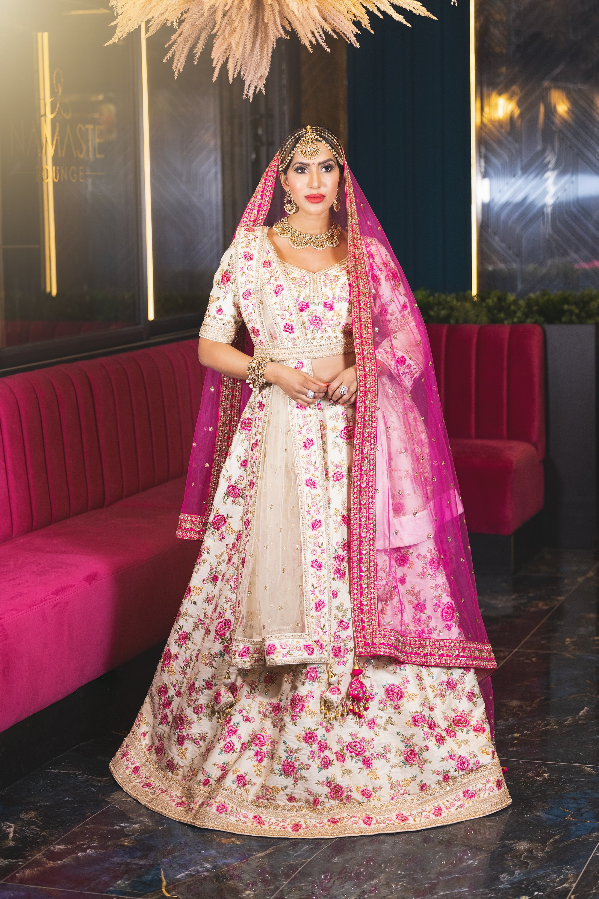 Traditional Wedding Bridal Ivory White Pink Floral Lehenga Set