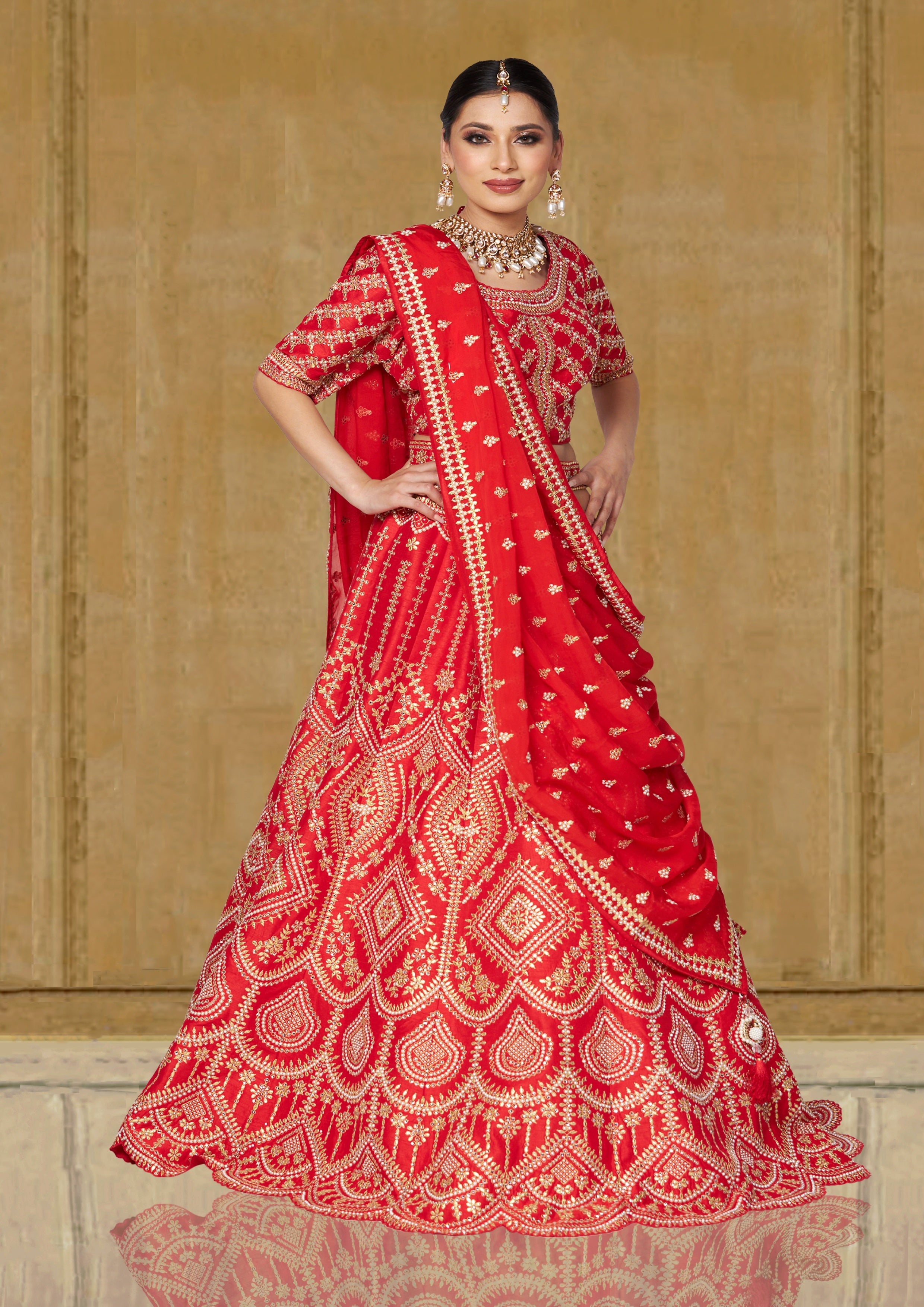 Traditional Indian Bridal Red Gold Silk Wedding outfit with Organza Dupatta product title OORVI DESAI Designer Indian Wedding Dresses in London