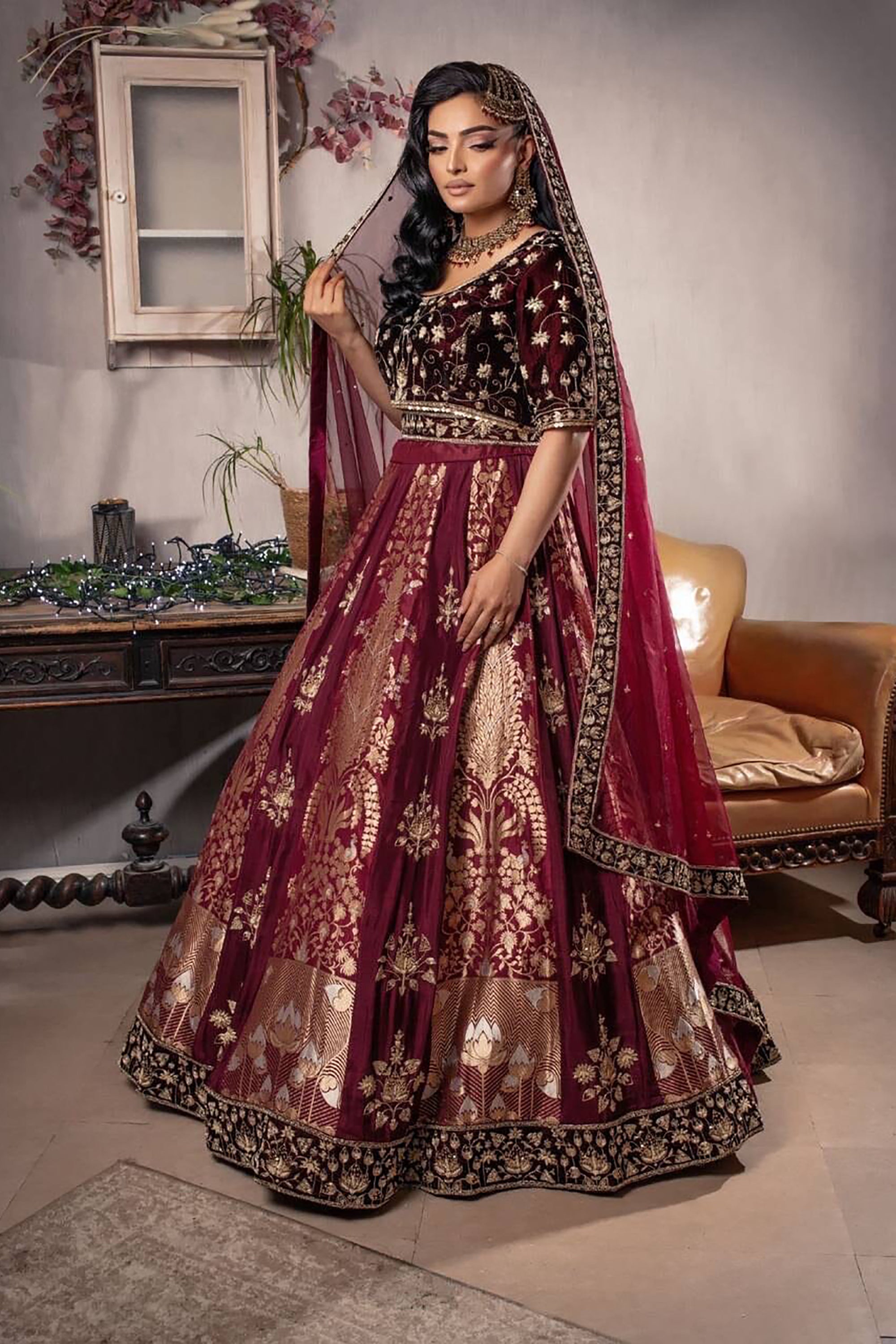 A loving couple in traditional wedding attire