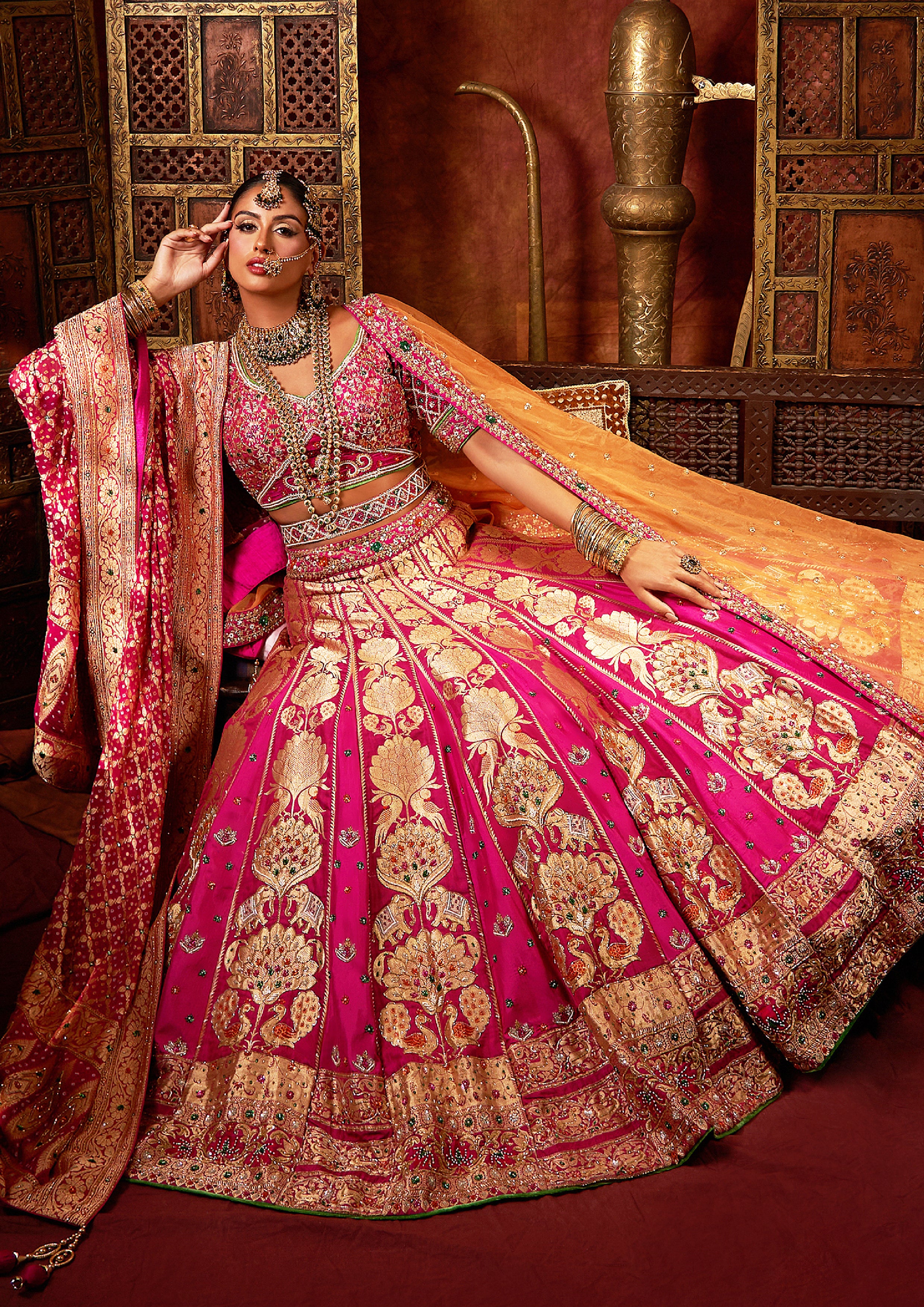 Traditional Hot Pink/ Benarasi Silk Bridal Wedding Lehenga Set With  Bandhini Dupatta [product_title] | OORVI DESAI