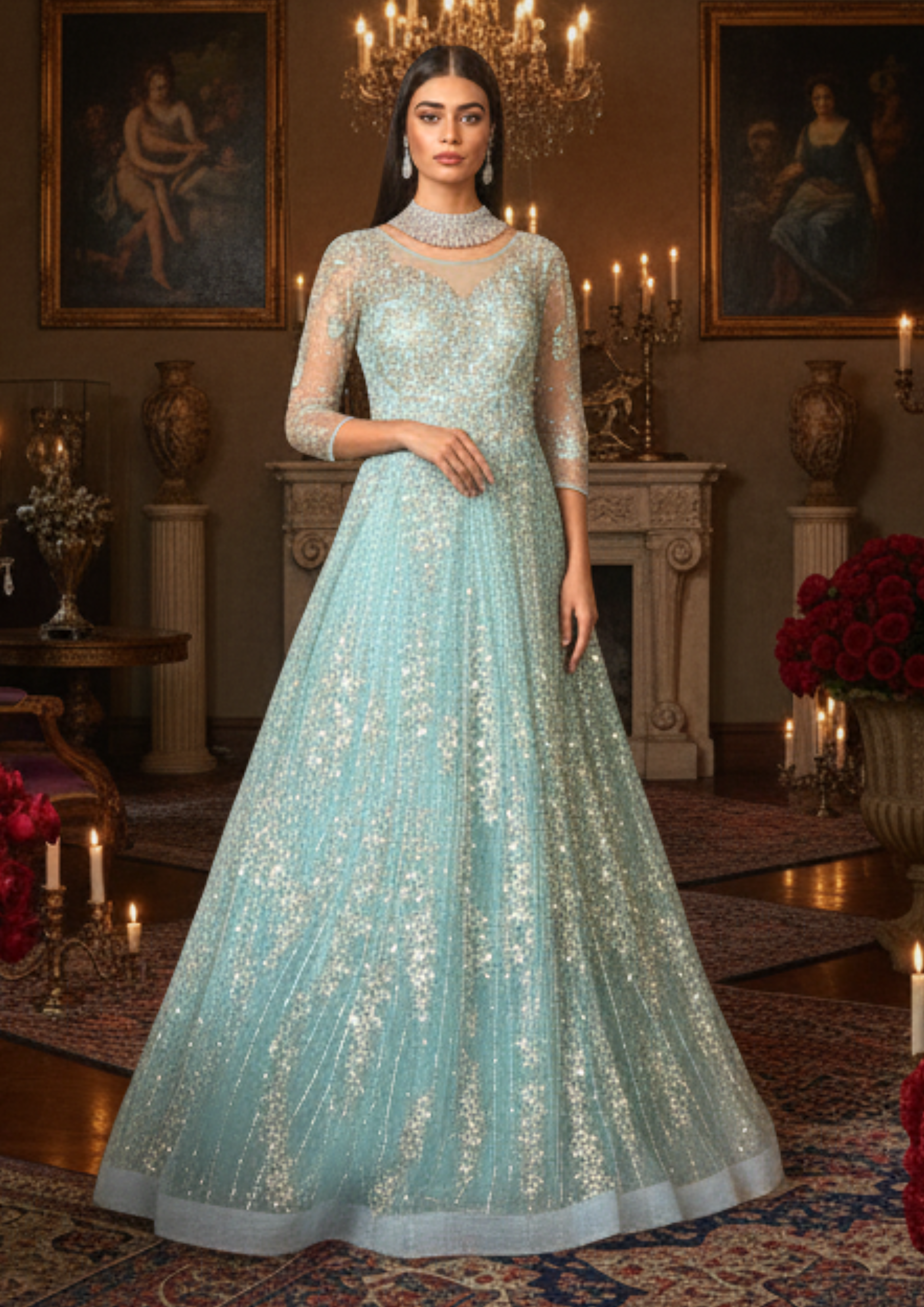 Pastel Sky Blue Shimmer Reception Party Net Gown [product_title] | OORVI  DESAI