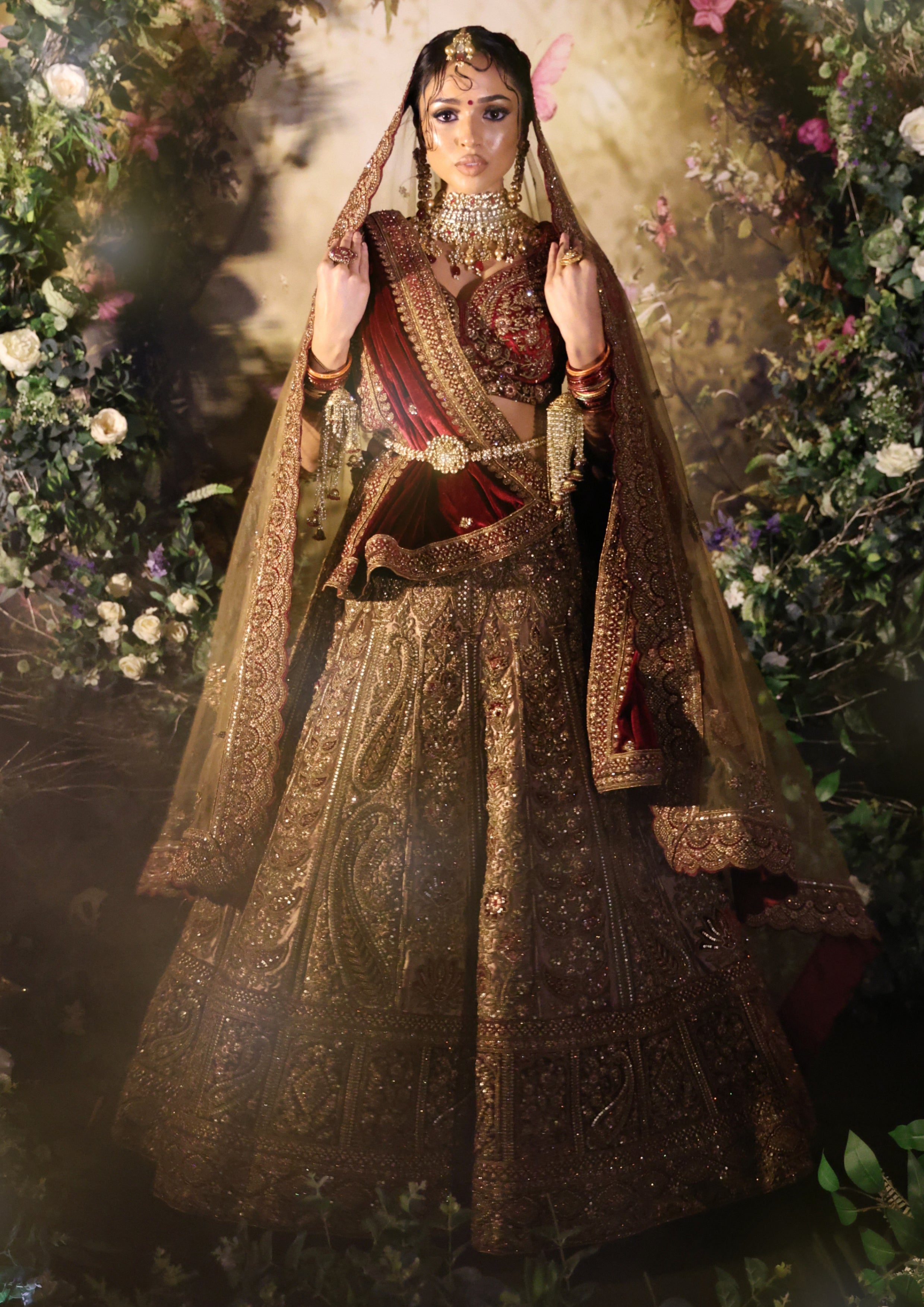 Bridal Deep Maroon & Champagne Gold Wedding Lehenga Set - 2 Dupattas  [product_title] | OORVI DESAI