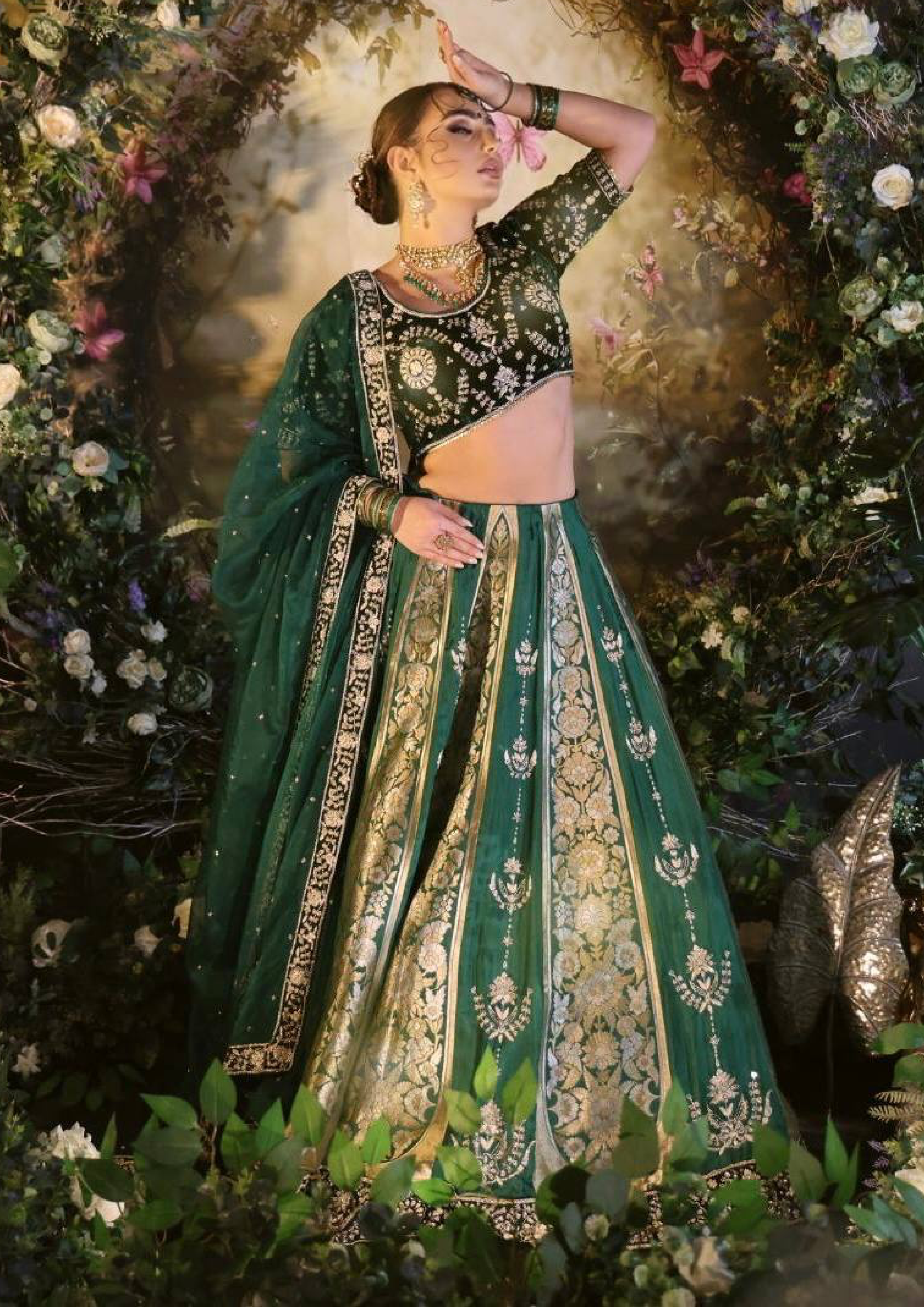 emerald and gold wedding dress Traditional Wedding Deep Emerald Green & Gold Lehenga Set [product_title] |  OORVI DESAI