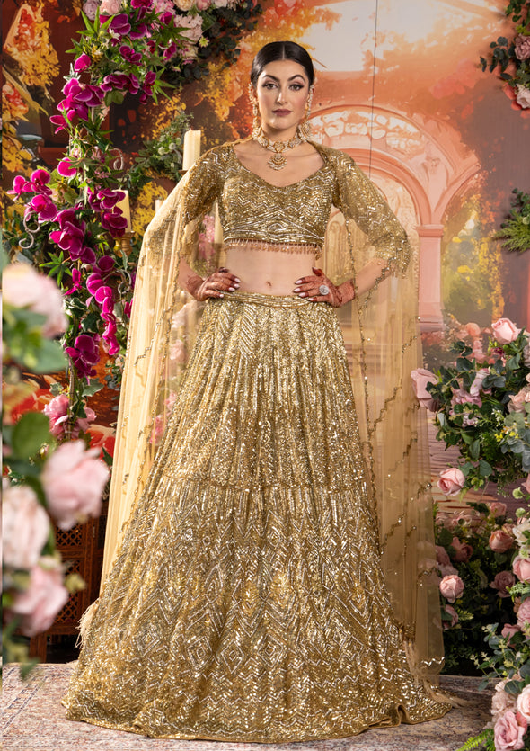 Sparkling Champagne Gold Bridal Wedding Lehenga Set [product_title] | OORVI DESAI