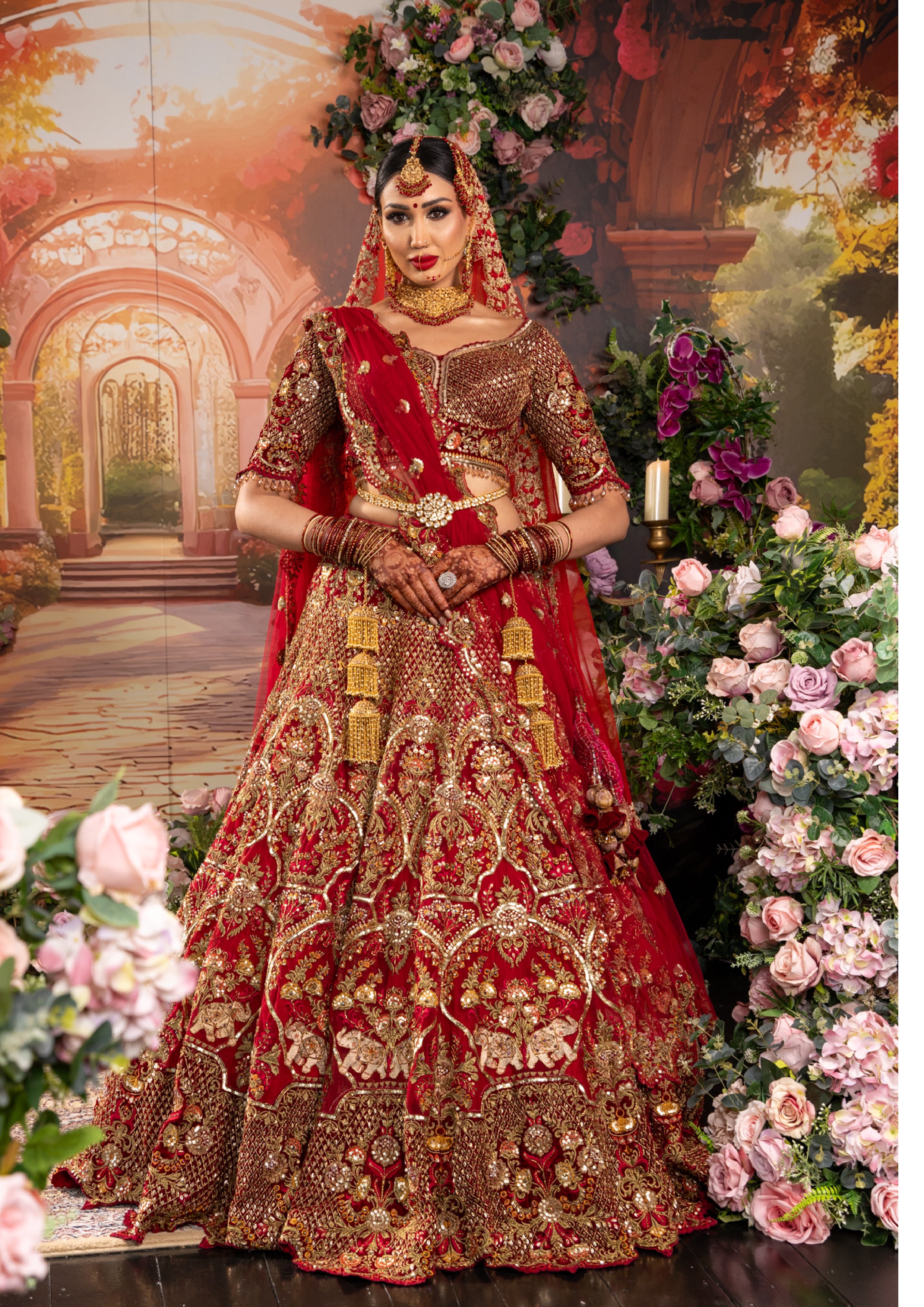 red and golden bridal dress Zari main image 1