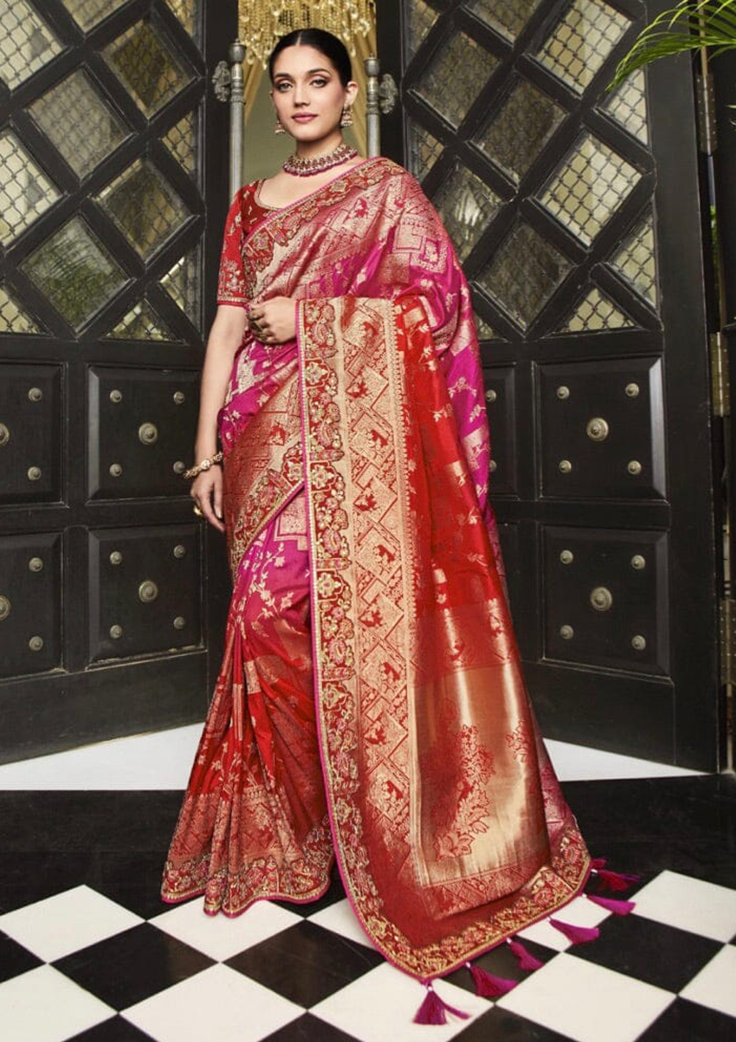 Traditional Benarasi Ombre Silk Pink Red Saree with Embroidered Blouse
