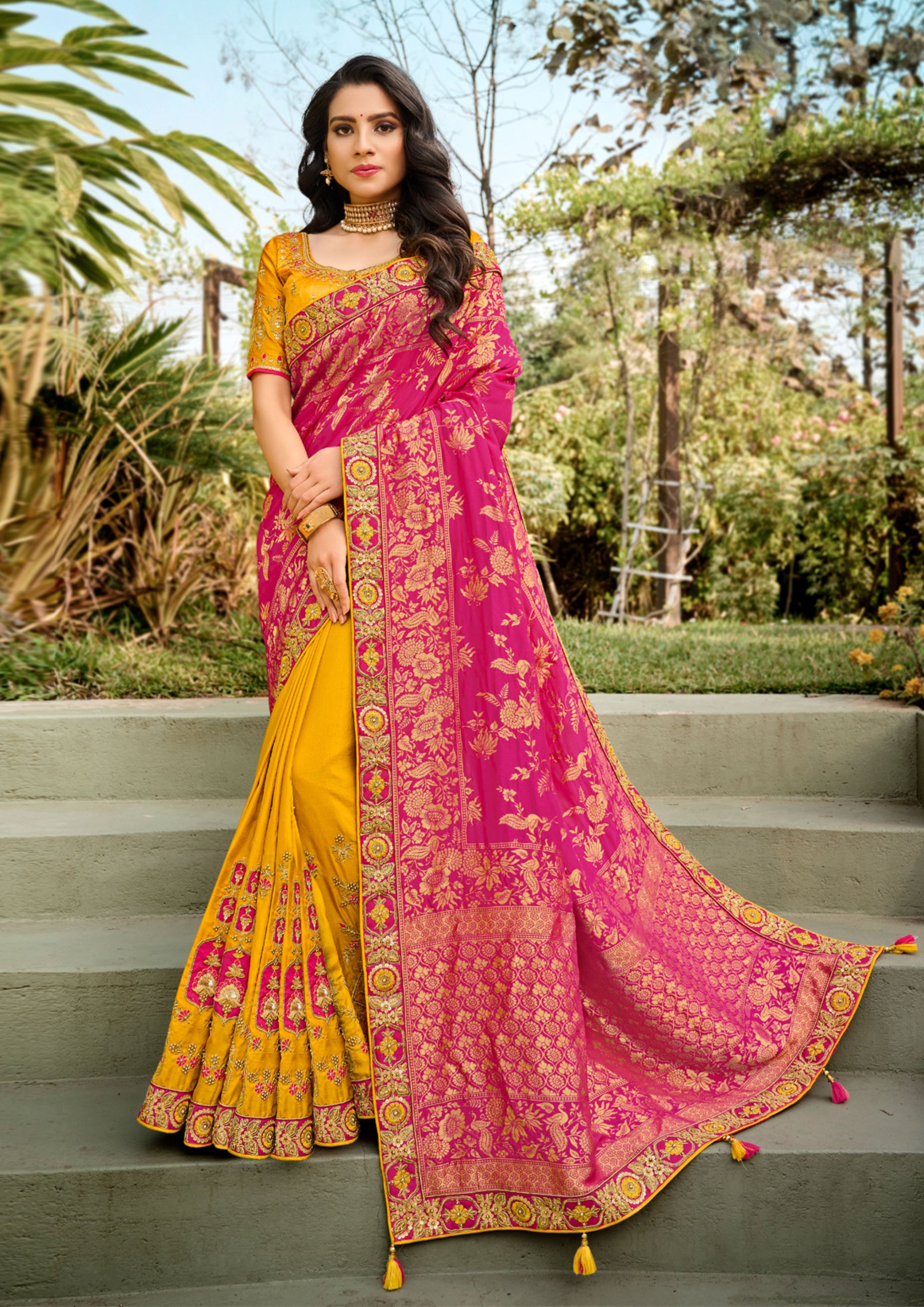 Traditional Benarasi Silk Bright Yellow Pink Saree and Blouse