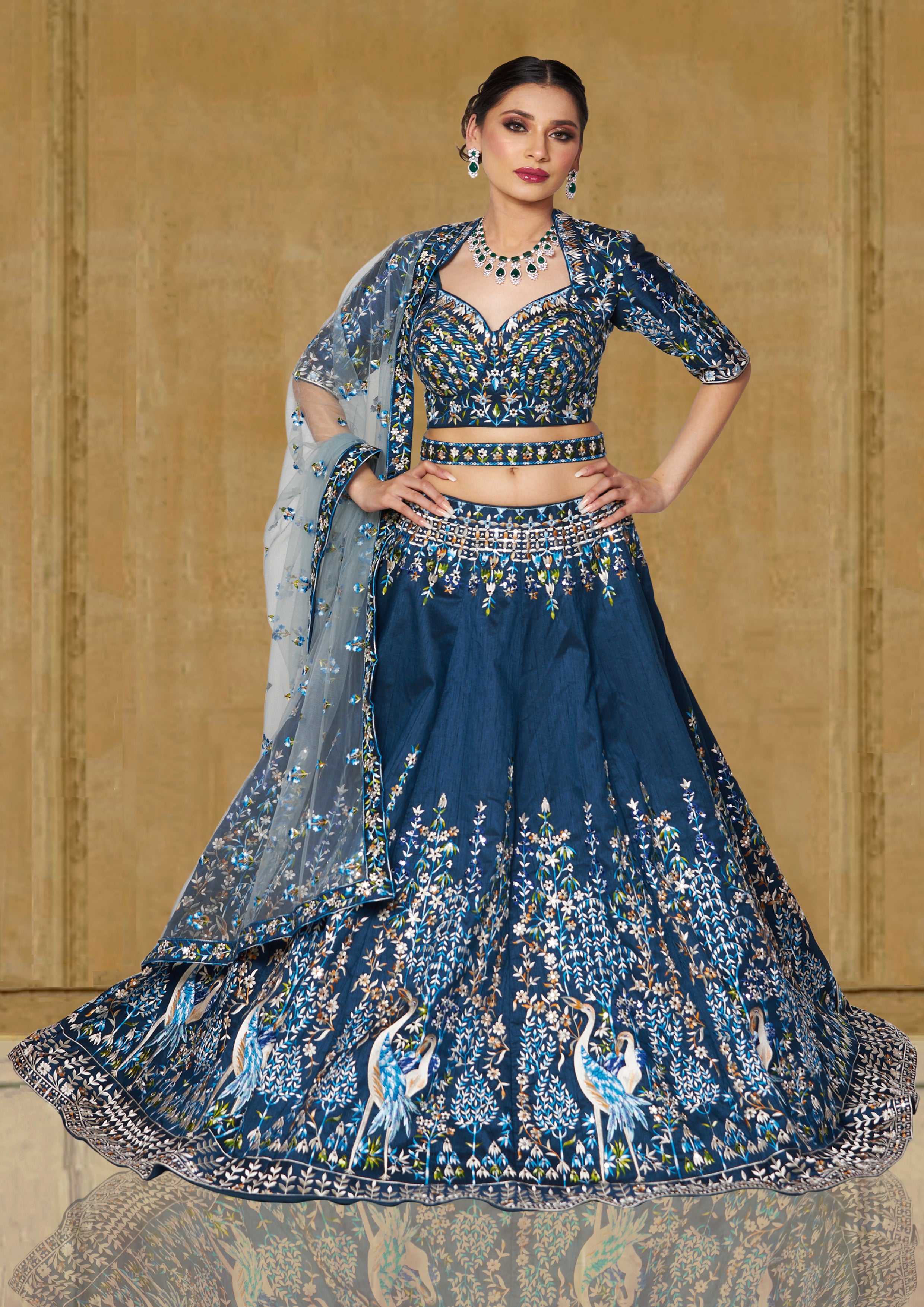Teal Blue Intricate Peacock Motifs Reshamwork Lehenga For Sangeet