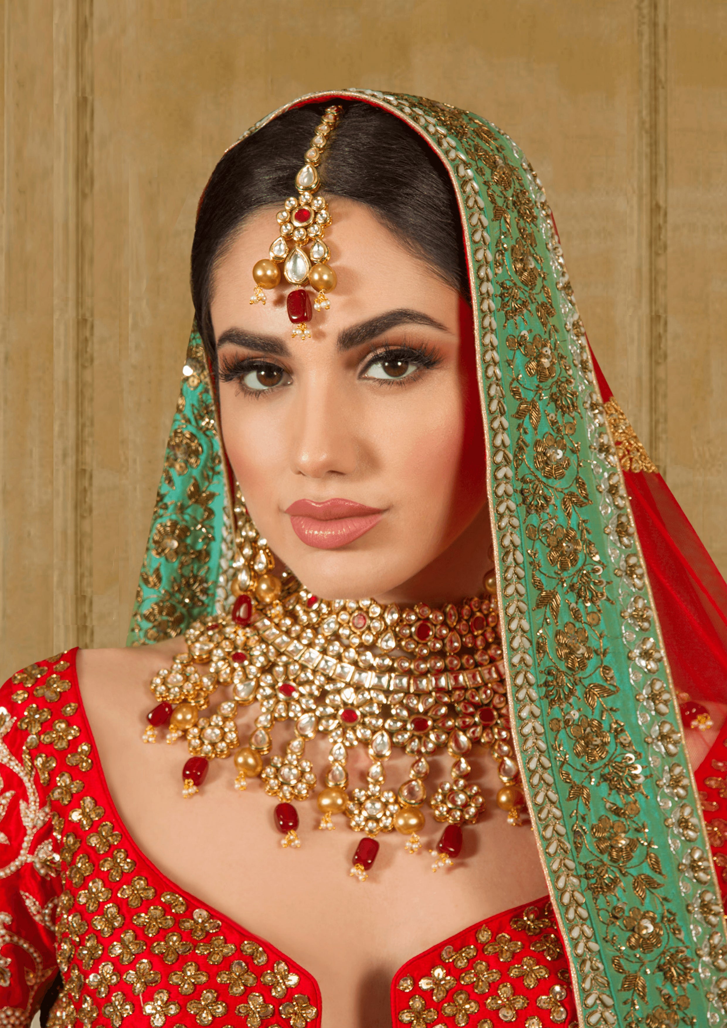 Yami Red Stone and Golden Pearl Kundan Bridal Half Set by Oorvi Desai product title OORVI DESAI Designer Indian Wedding Dresses in London