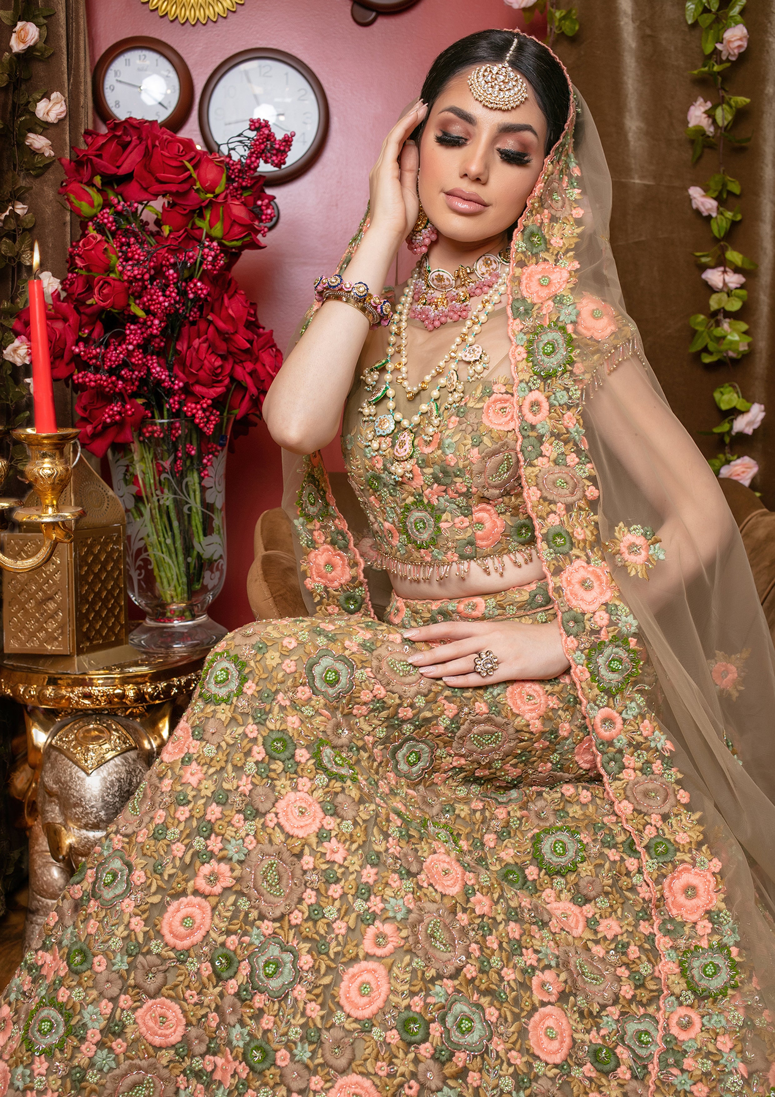 Traditional Indian Wedding Bridal Olive Green Floral Lehenga
