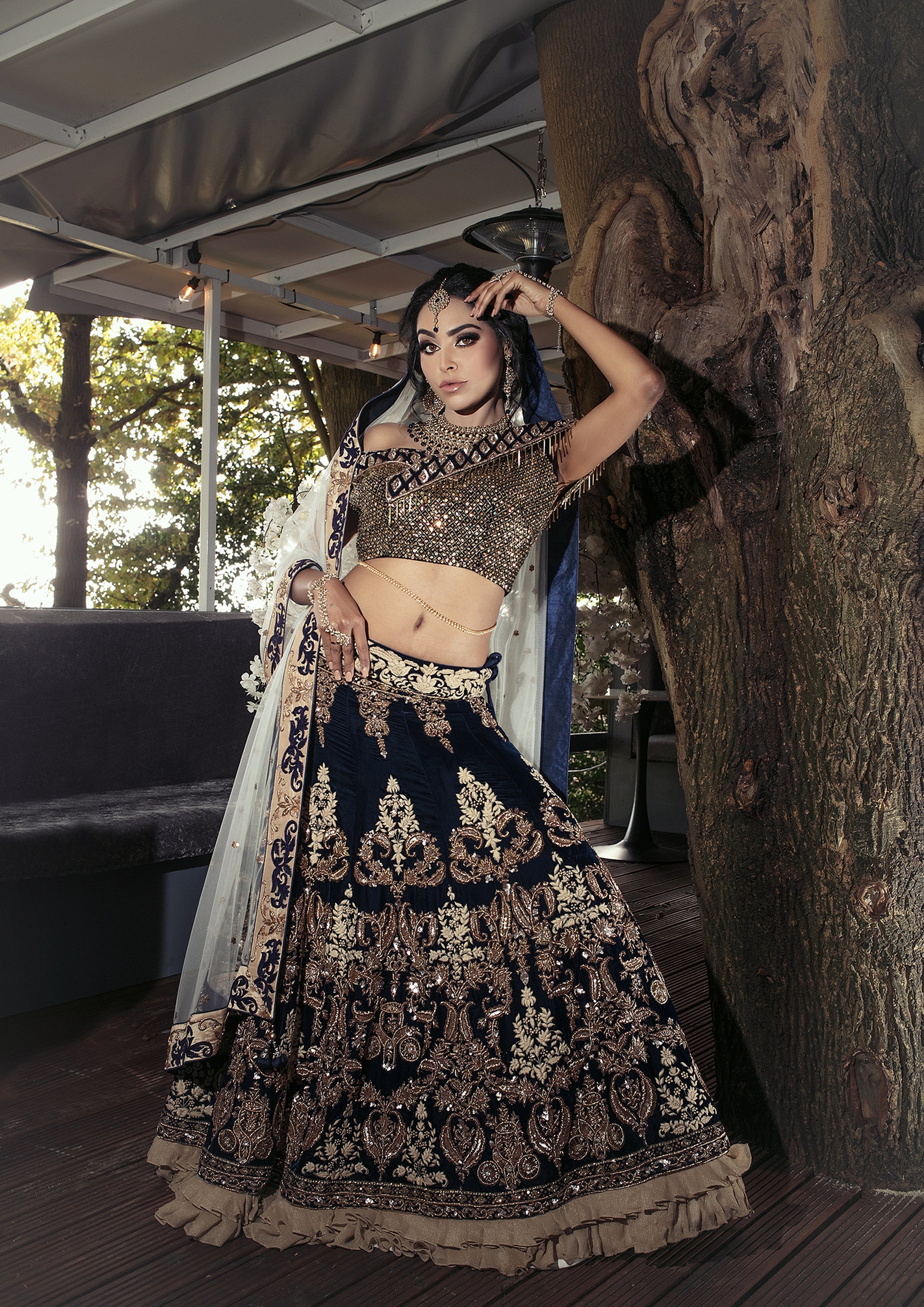 Midnight Blue Gold Bridal Velvet Wedding Lehenga with Beige