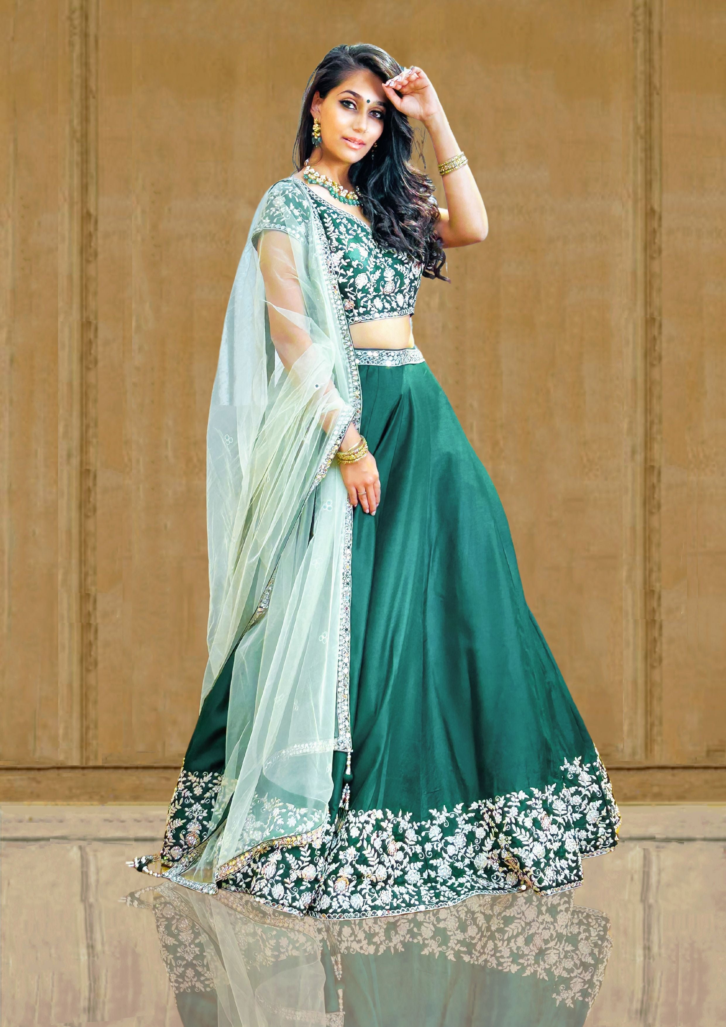 Royal Emerald Green Sparkly Silver Silk Partywear Lehenga Set