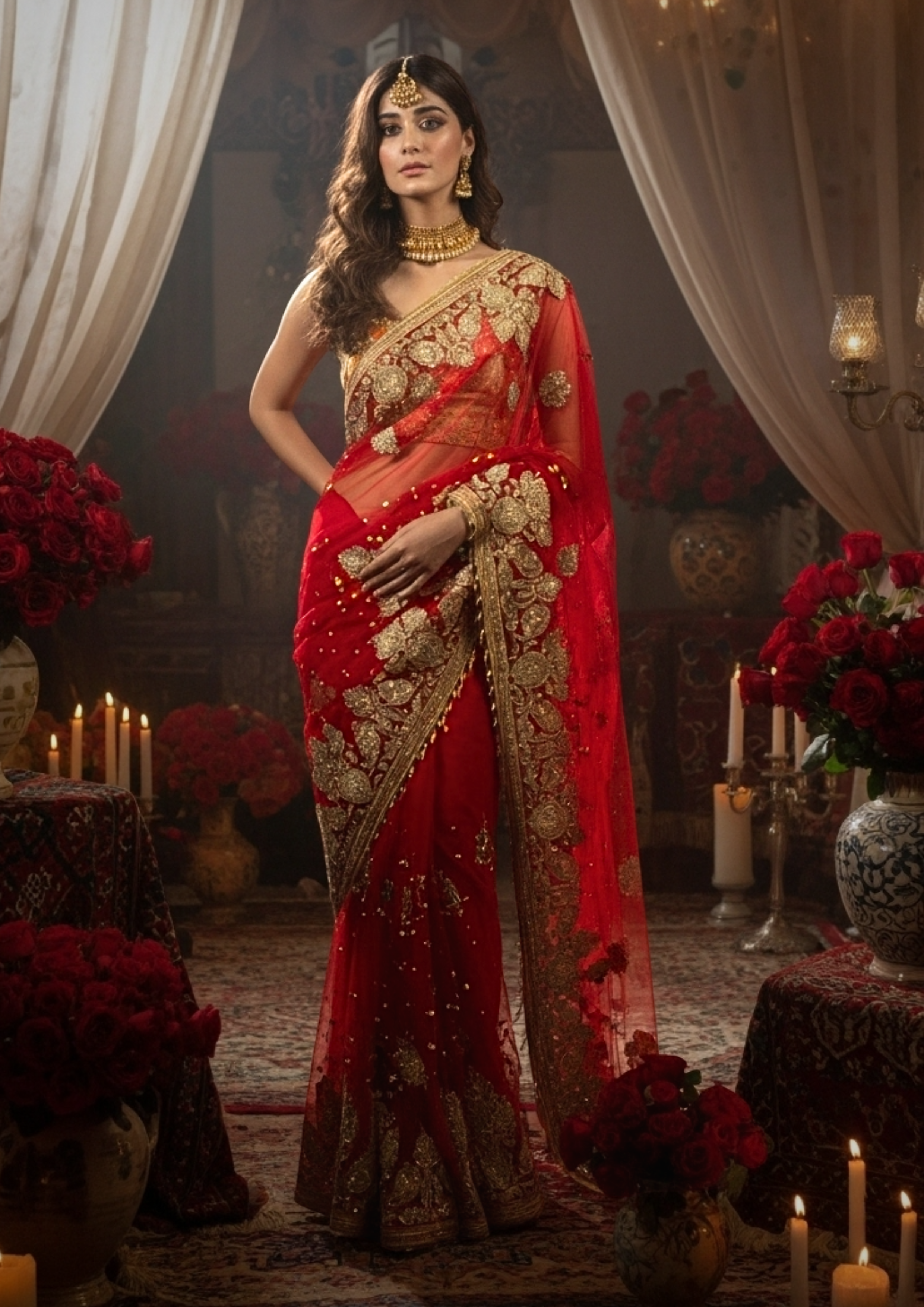 Red Bridal Net Saree with Heavy Zardozi & Sequin Embroidery | Oorvi Desai  London [product_title] | OORVI DESAI