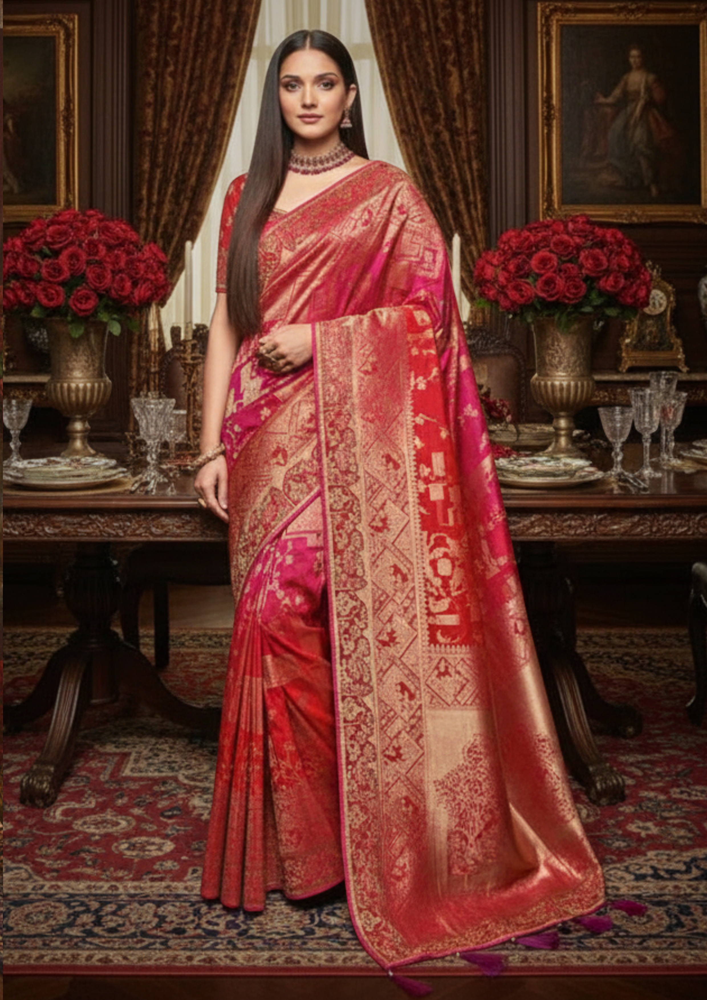 Antique Red & Orange Banarasi Silk Saree with Gold Zari Weave | Oorvi Desai  London [product_title] | OORVI DESAI | Designer Indian Wedding Dresses in  London