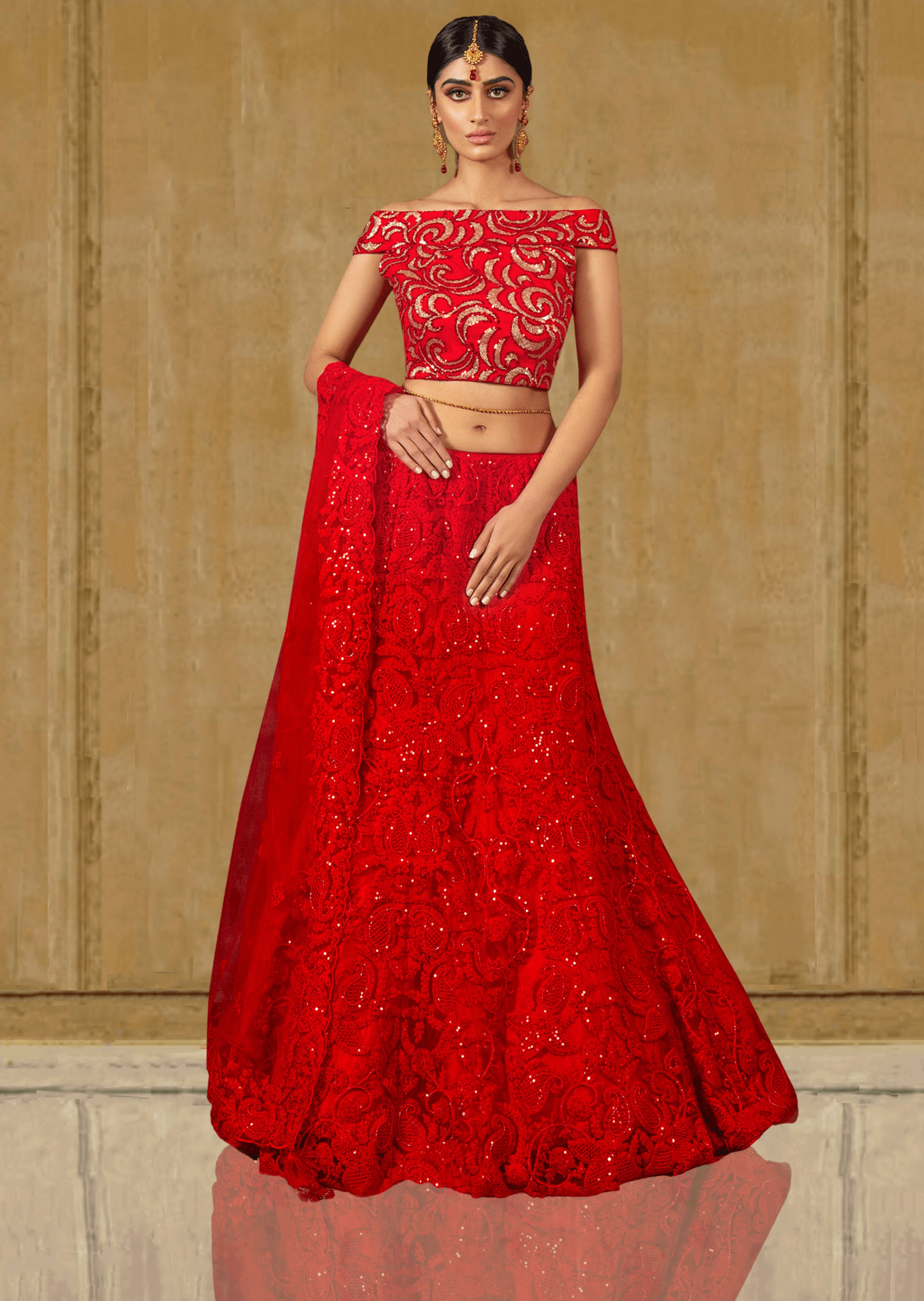 Dazzling Red Chikankari Skirt with Red Gold Embroidered Top