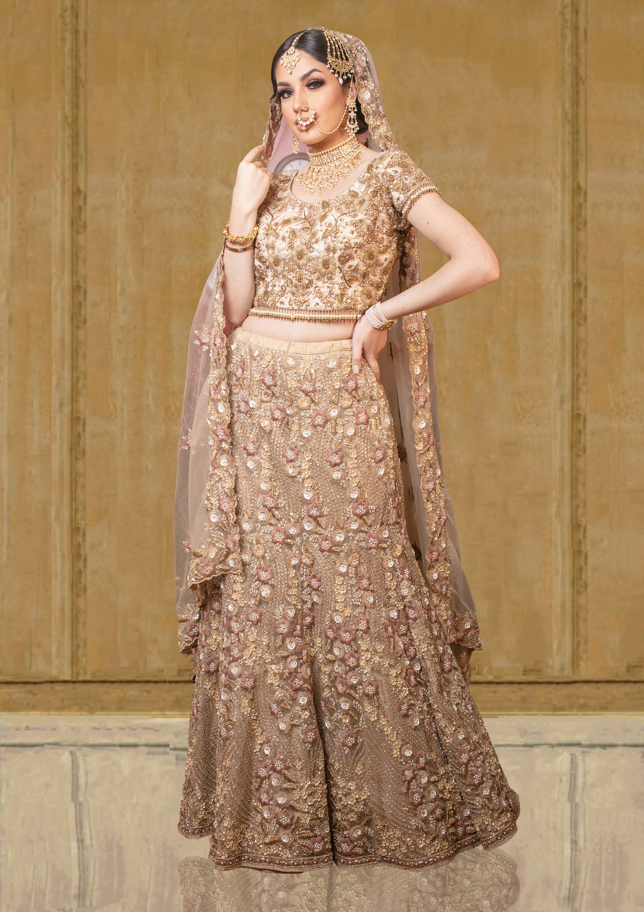 Champagne Rustic Gold & Antique Brown Net Bridal Lehanga [product_title] |  OORVI DESAI | Designer Indian Wedding Dresses in London