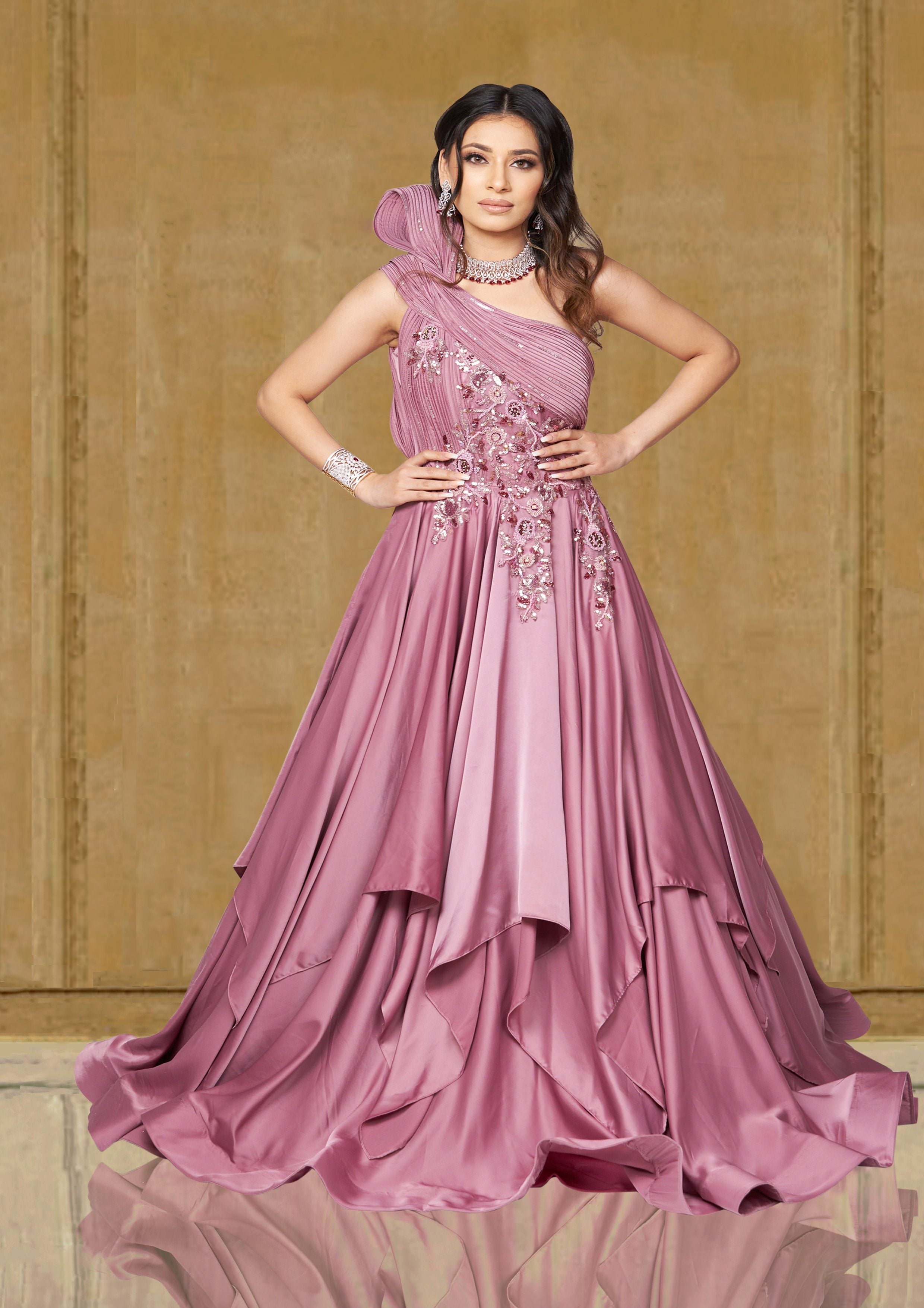 One Shoulder Side Split sheath gown (Pink) in Delhi at best price by Madhuk  Creation India Pvt Ltd - Justdial