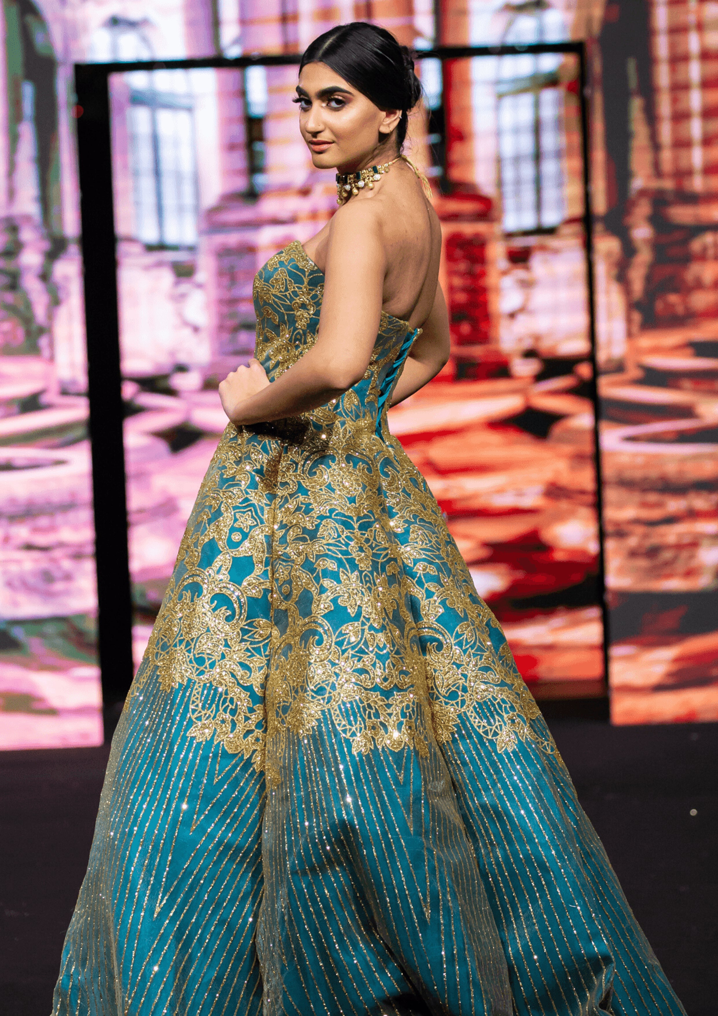 Teal and 2024 gold wedding dresses