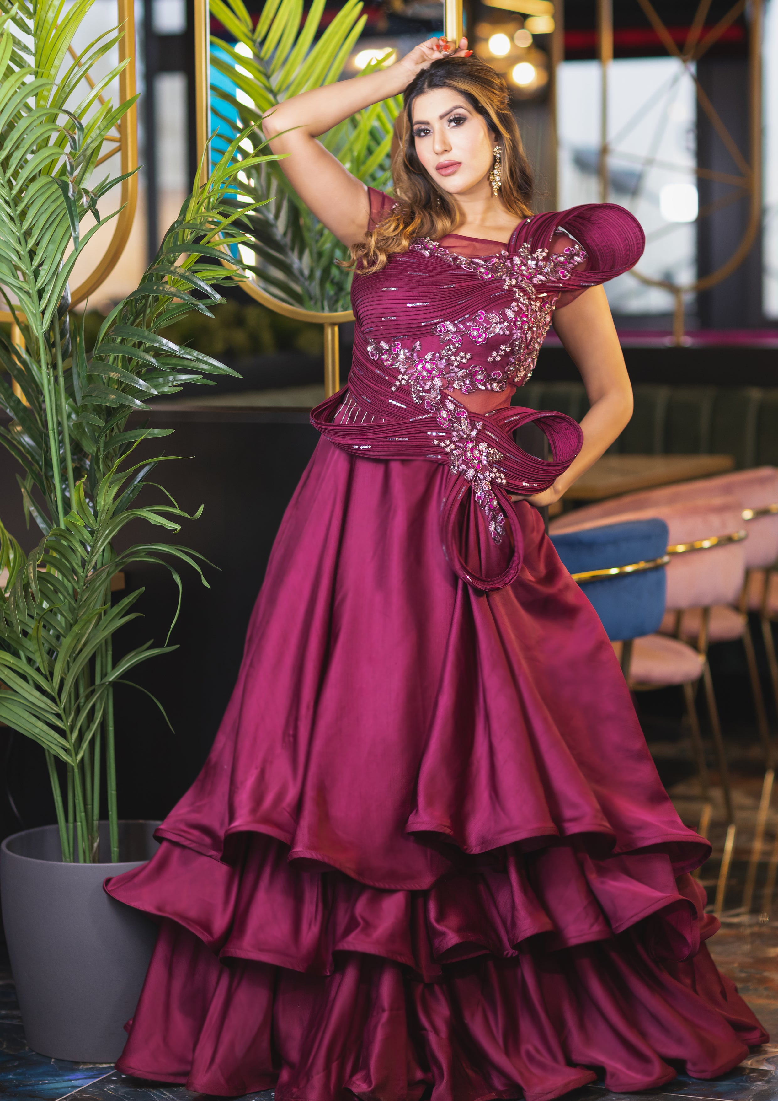 cocktail dress burgundy Burgundy Sculpted Partywear Gown [product_title] | OORVI DESAI