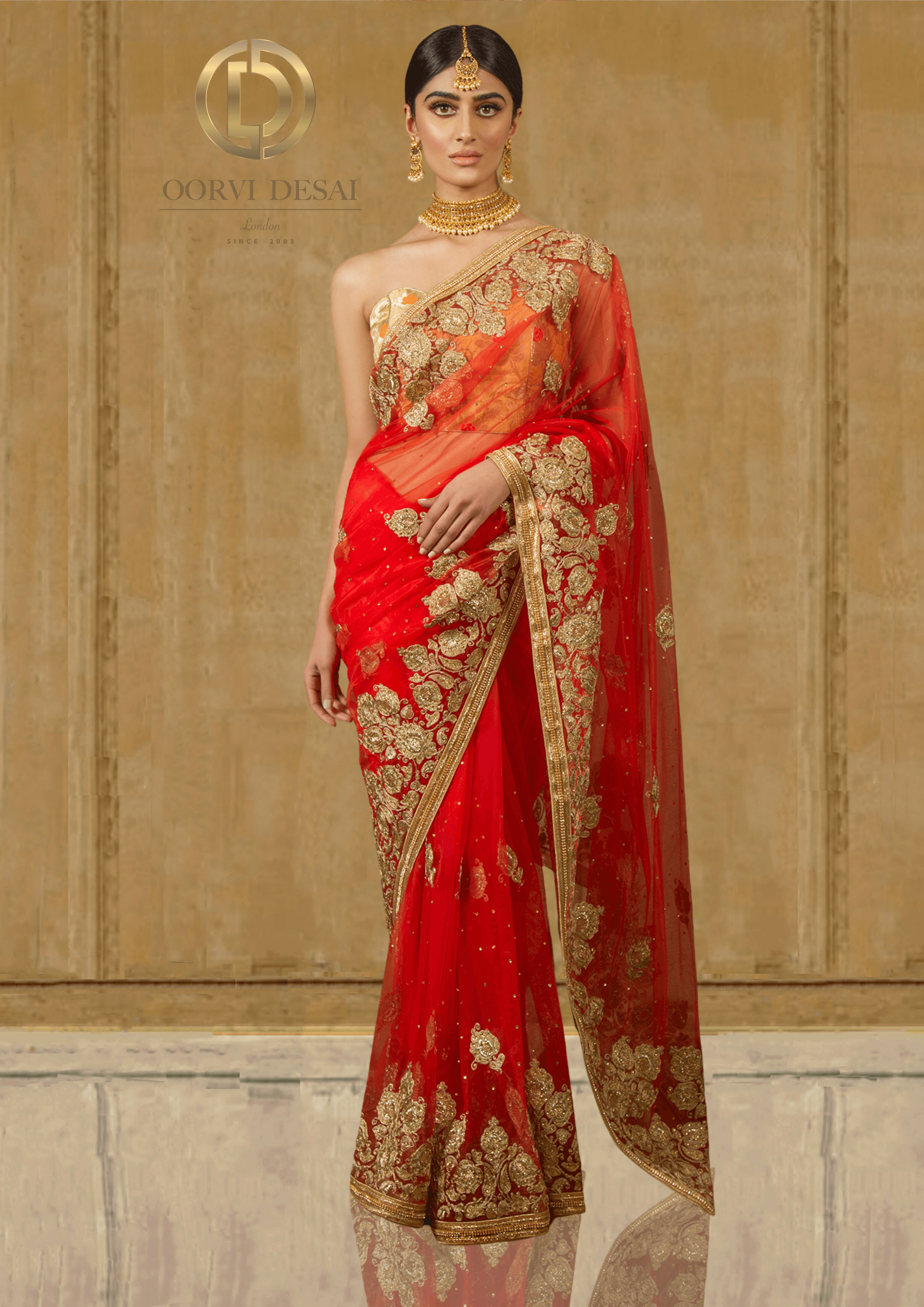 Scarlet Red Net Sari with Zari Embroidery [product_title] | OORVI DESAI ...