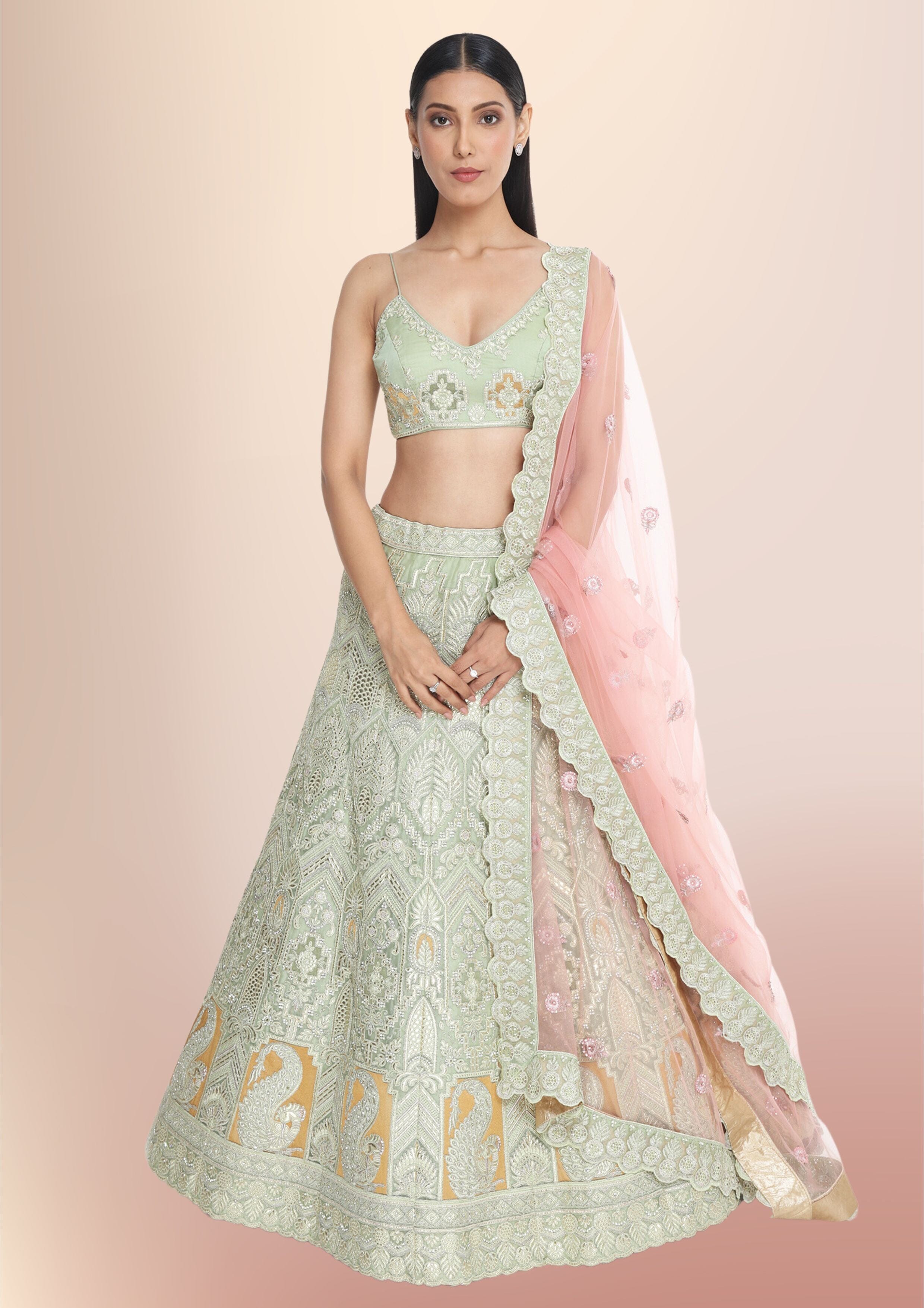 mint green indian wedding dress Traditional Indian Pastel Colors Dress For Indian Wedding Pastel Pistachio Mint Pink Partywear Lehenga Set [product_title